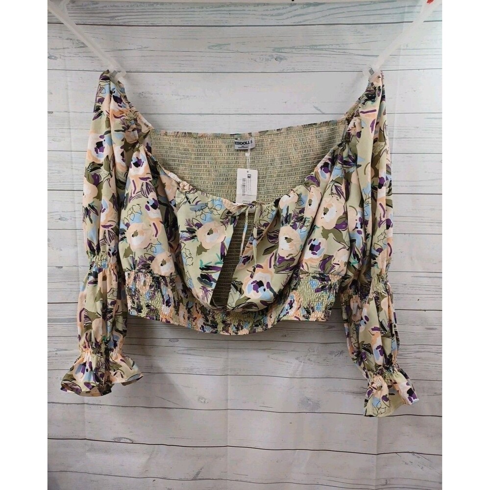 Rebdolls Womens Blouse Puff Sleeve Smocked Plus 5X Cut off Floral